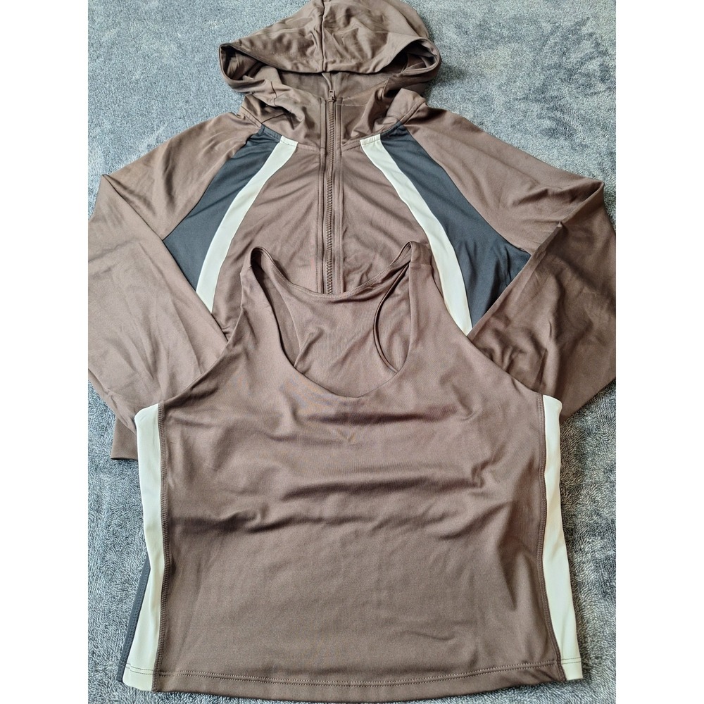 2‎ Pc Set Performance Athletic Jacket Sport Bra Womens L Brown Black White...